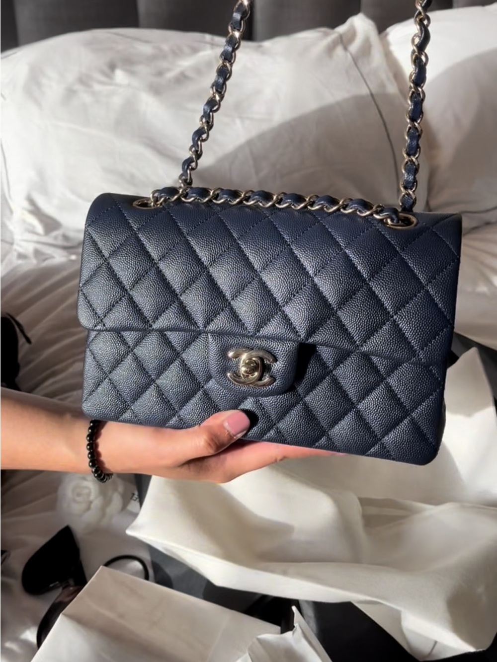 CHANEL Quilted Navy Caviar Leather Shoulder Bag with Gold-Tone Chain